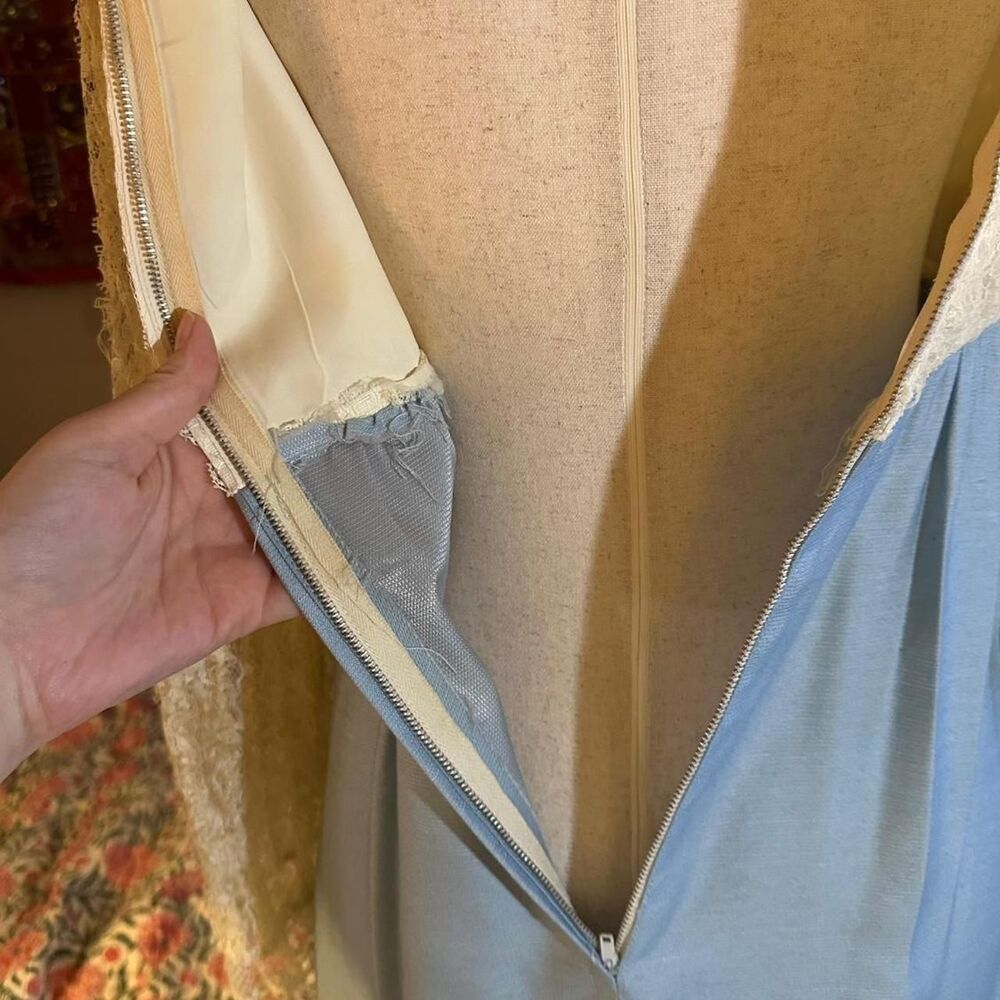 60s Lace Blue, Chartreuse w/ Creme Empire Waist w/Satin Bow Belted Prairie Dress - Picture 6 of 7